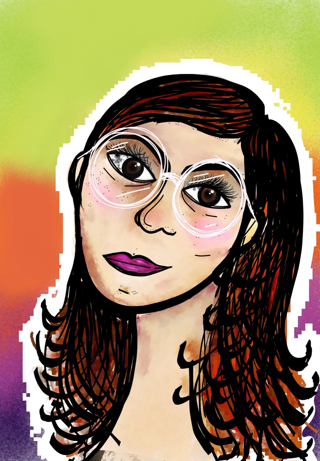 Illustrated portrait of Mrunmai with round glasses, long dark hair, and a thoughtful expression against a halo of green, orange, and violet.