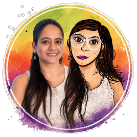 Mrunmai — a photograph blending into an illustrated portrait of herself, framed by a watercolour halo of green, orange, and violet.